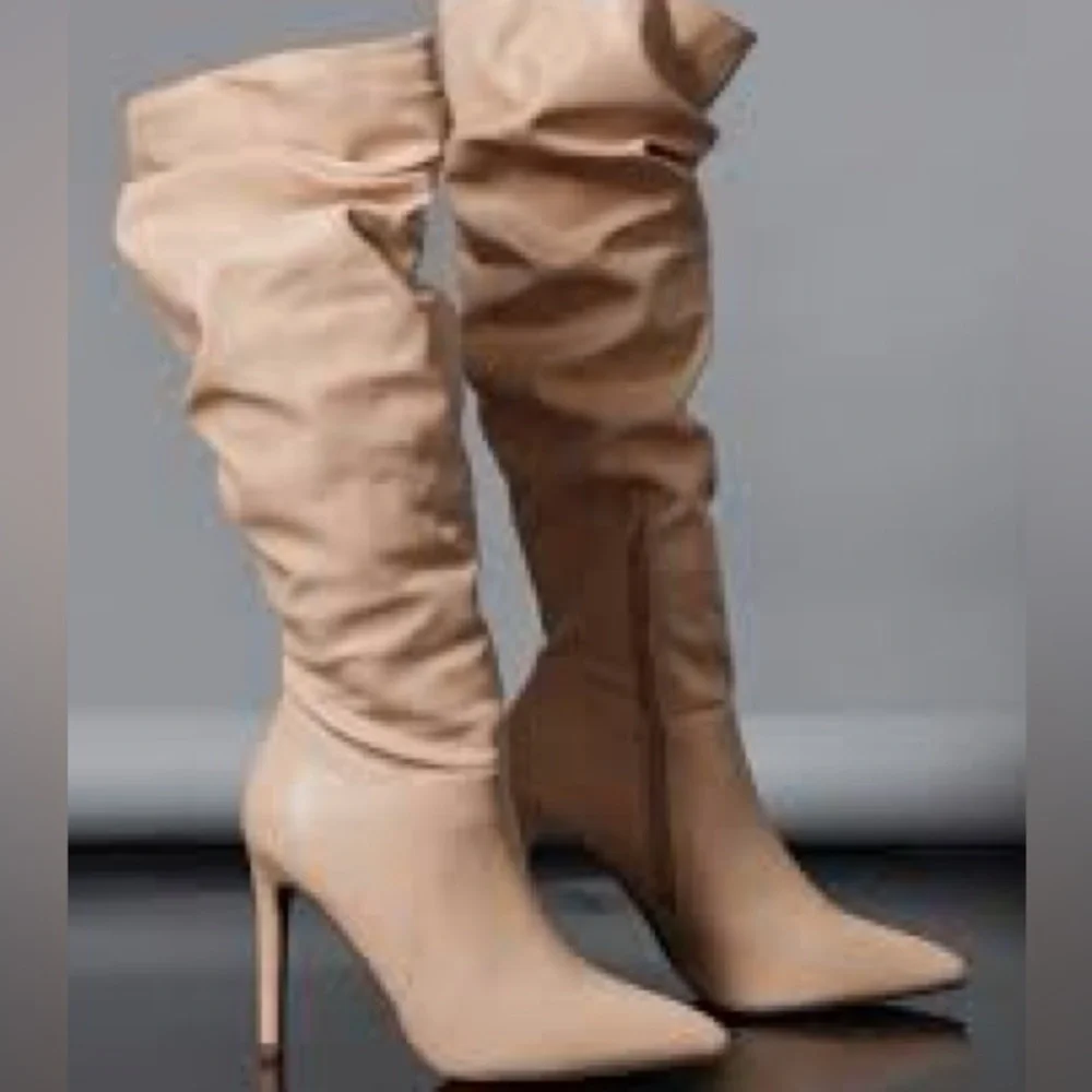 PRETTY LITTLE THING 8 Blush Pink Mobwife Faux Suede Thigh High Heel Boots